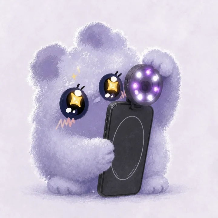 The BlueBerry mascot holding a phone with a clip-on light